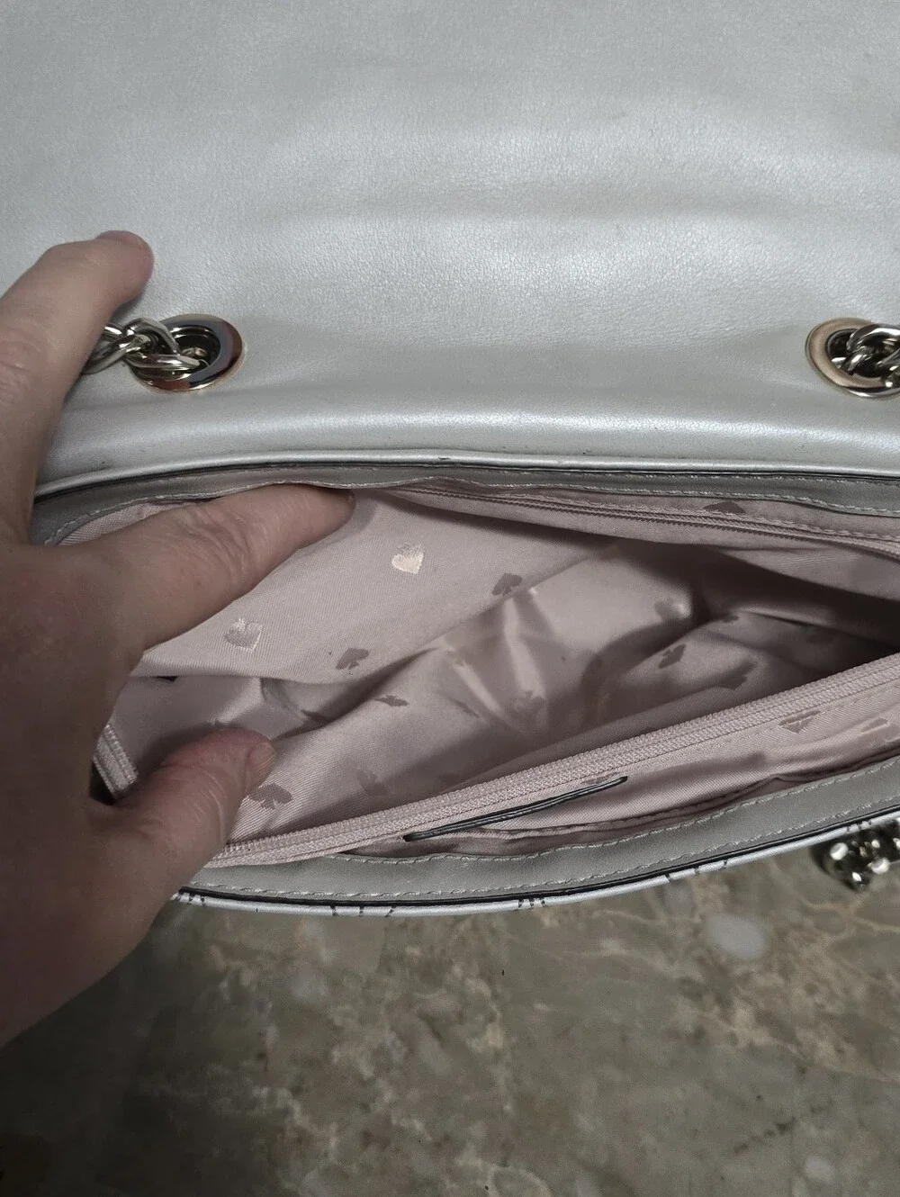 Kate Spade Briar Lane Emelyn Pearl Silver Quilted Leather Chain Crossbody